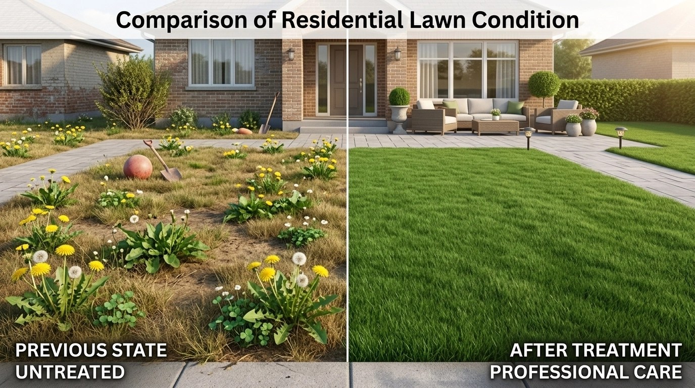 Residential lawn comparison: patchy vs. lush