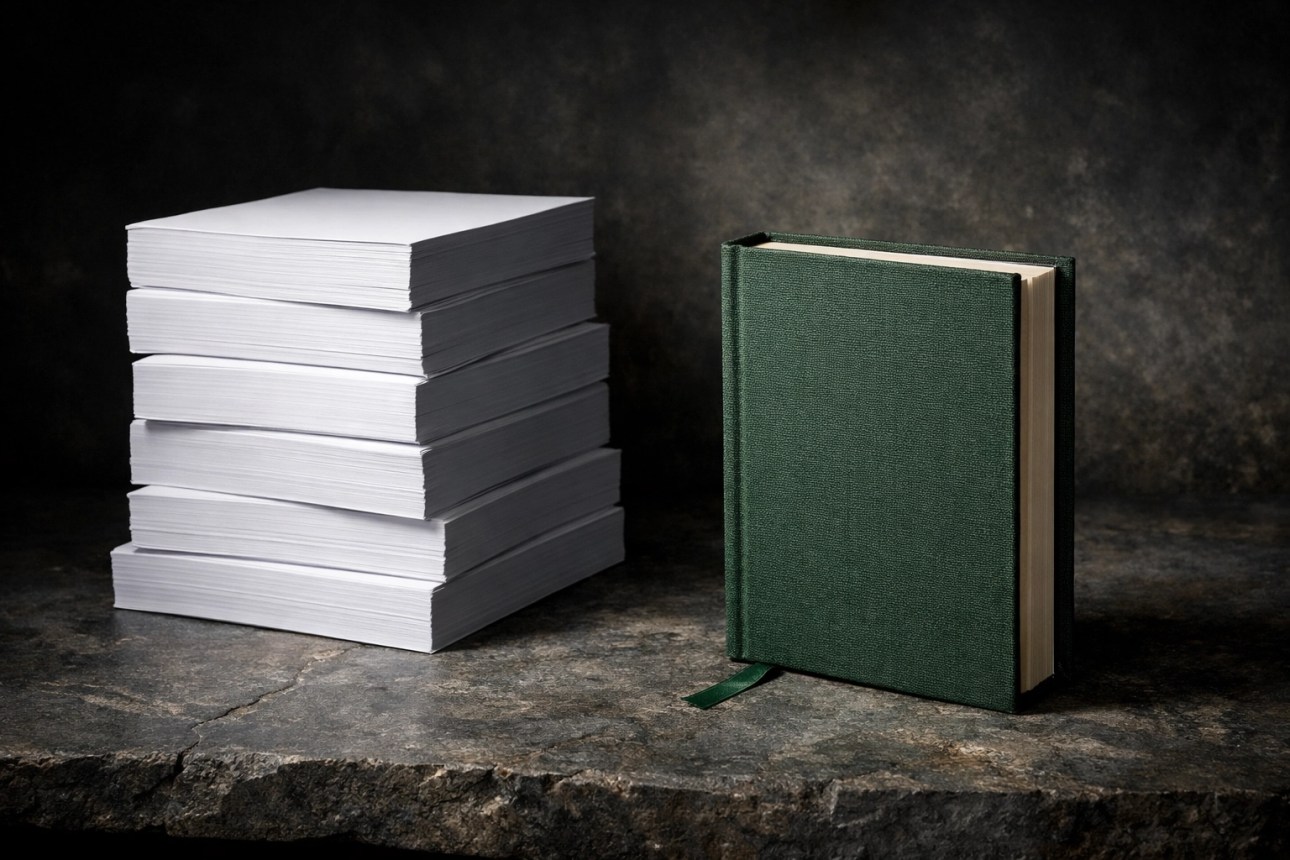 Ein edel gebundenes Buch repräsentiert die Diskretion und Qualität bei professionellen Schreibdiensten.