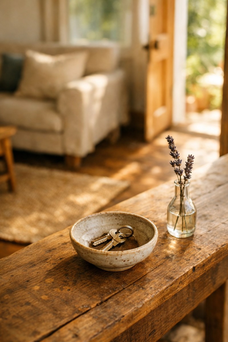 House keys on a rustic entryway table in a sunlit vacation rental, ensuring a seamless and stress-free arrival.