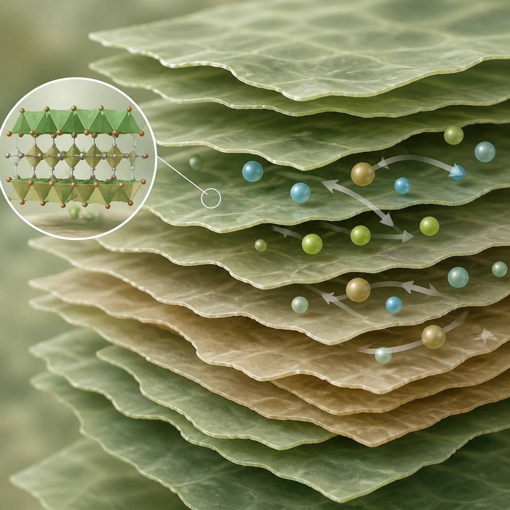 A stylized, clean illustration showing the microscopic structure of clay minerals, looking like thin overlapping sheets or flakes, with small spheres representing ions moving between them.