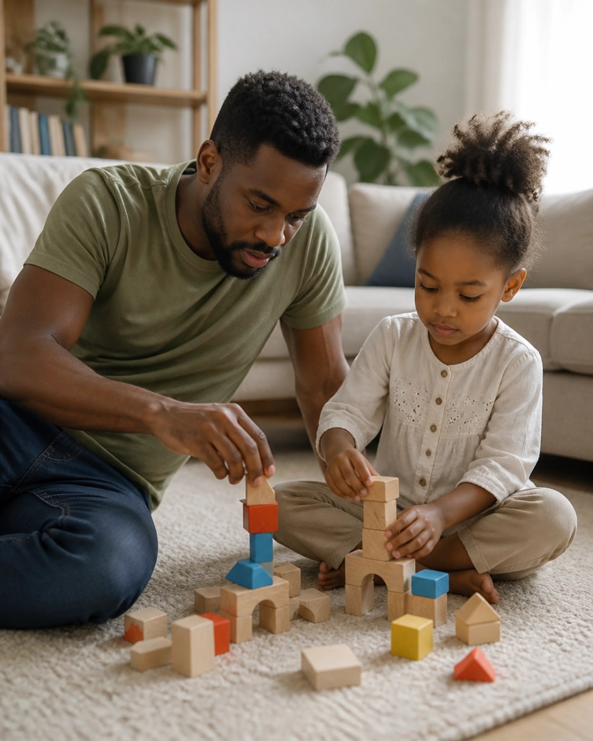 A Black father and his young daughter sitting on a neutral-colored rug in a sunlit living room, engaged in a quiet activity.