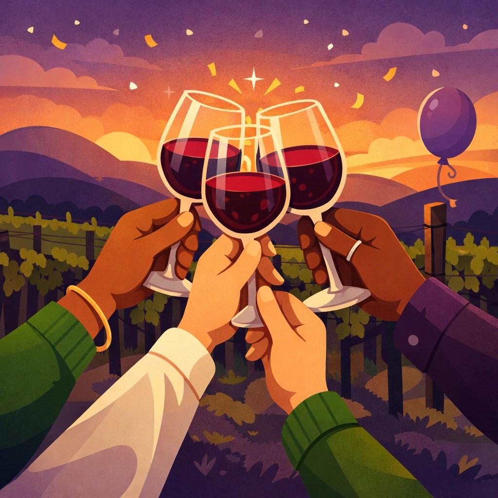 Friends celebrating a birthday with a sunset wine toast at a beautiful Northern Virginia vineyard.