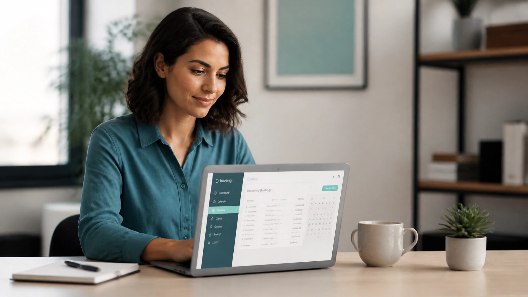 Professional working calmly at a clean desk with booking workflow visible on screen