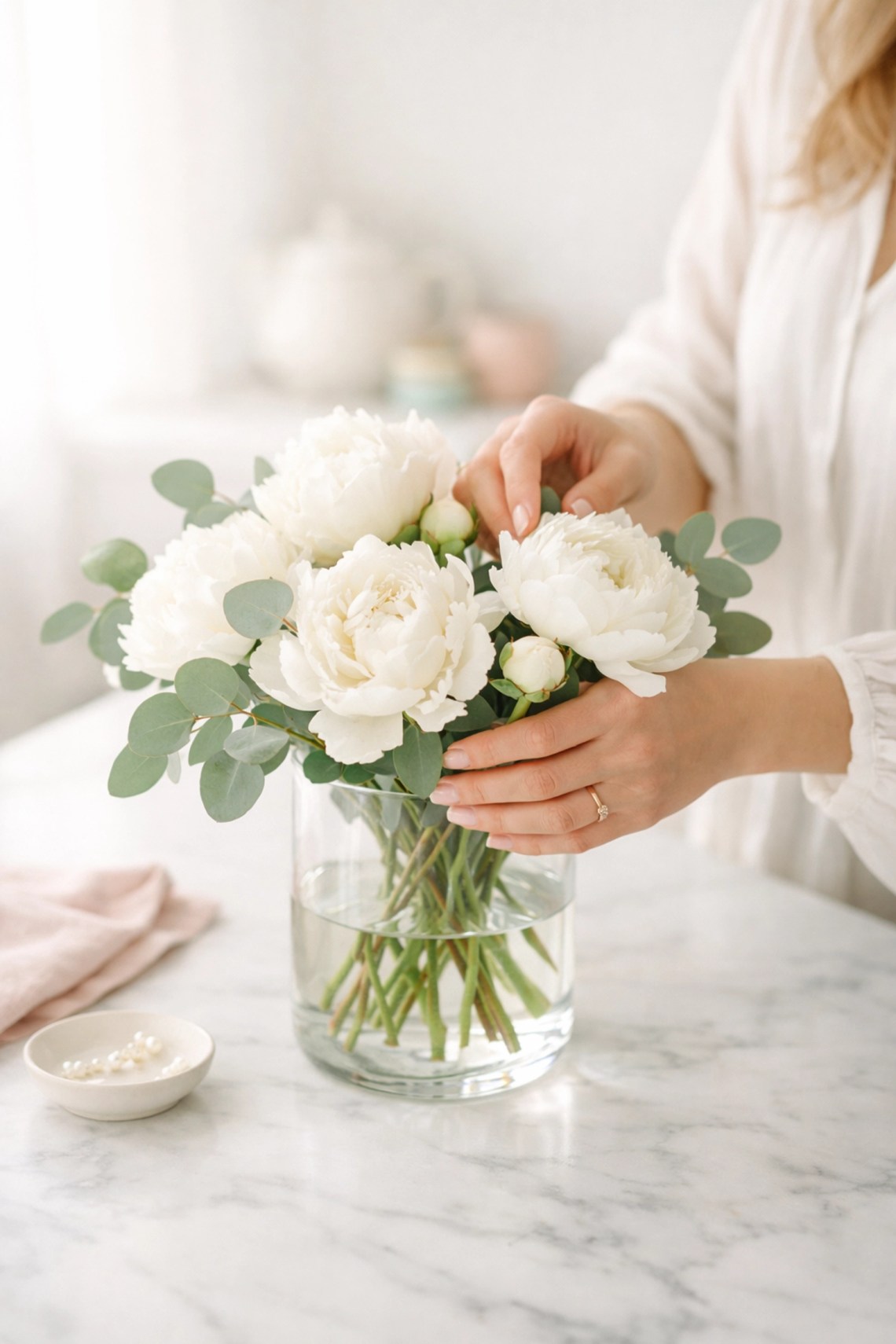 Hands arranging fresh flowers in a vase, representing intentional stewardship and grace-filled living at home.