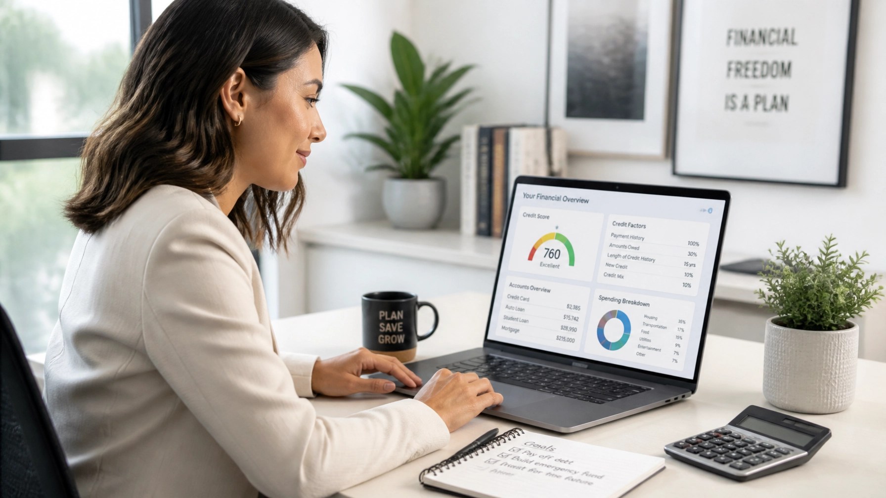 A professional reviewing personal finance statements on a laptop with focused clarity