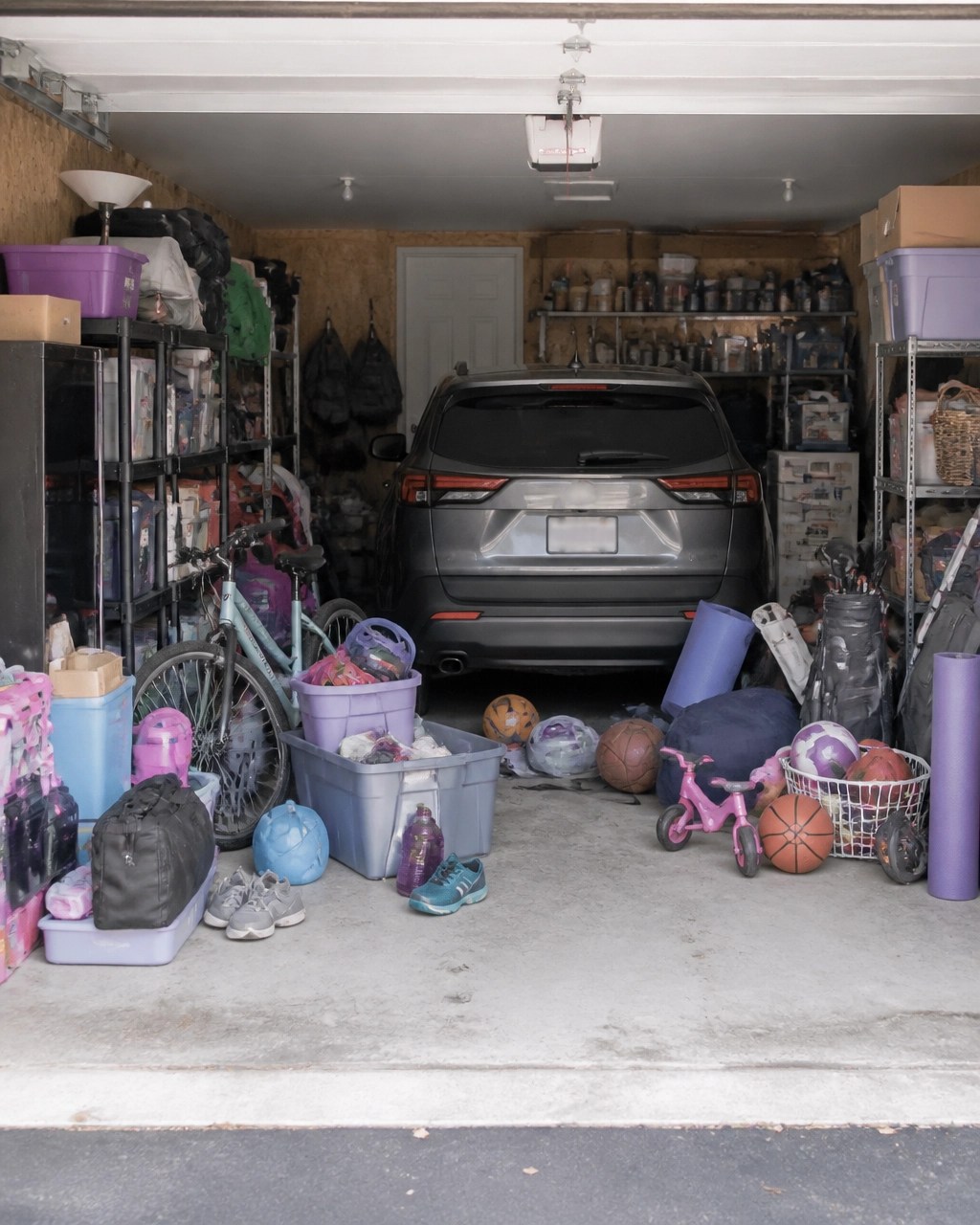 A crowded garage before editing, with miscellaneous bins, sports equipment, and limited walking space