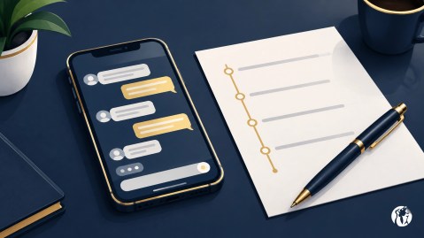 A smartphone with a generic, unreadable message interface beside a blank paper timeline and pen