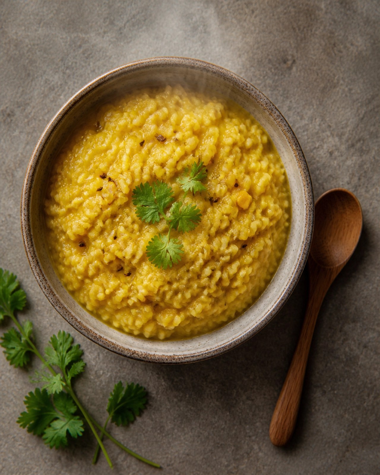 A top-down view of a steaming bowl of kitchari in a rustic ceramic bowl, symbolizing nourishing Ayurvedic nutrition.