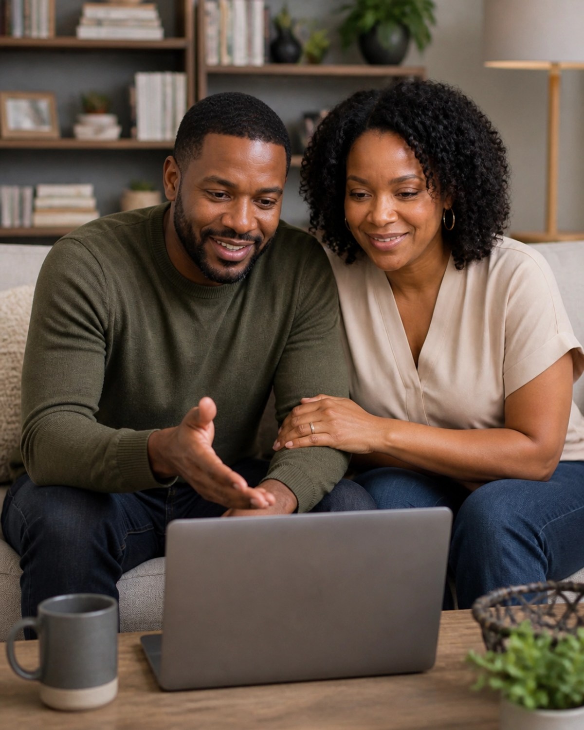 A Black couple sitting together on a neutral-toned sofa in a well-lit living room, looking at a laptop and engaged in a supportive counseling session.