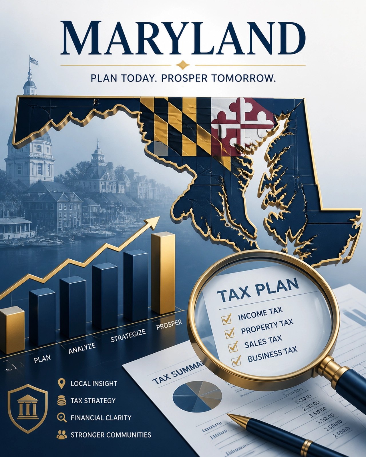 Maryland state map integrated with financial graphs, representing local tax awareness.