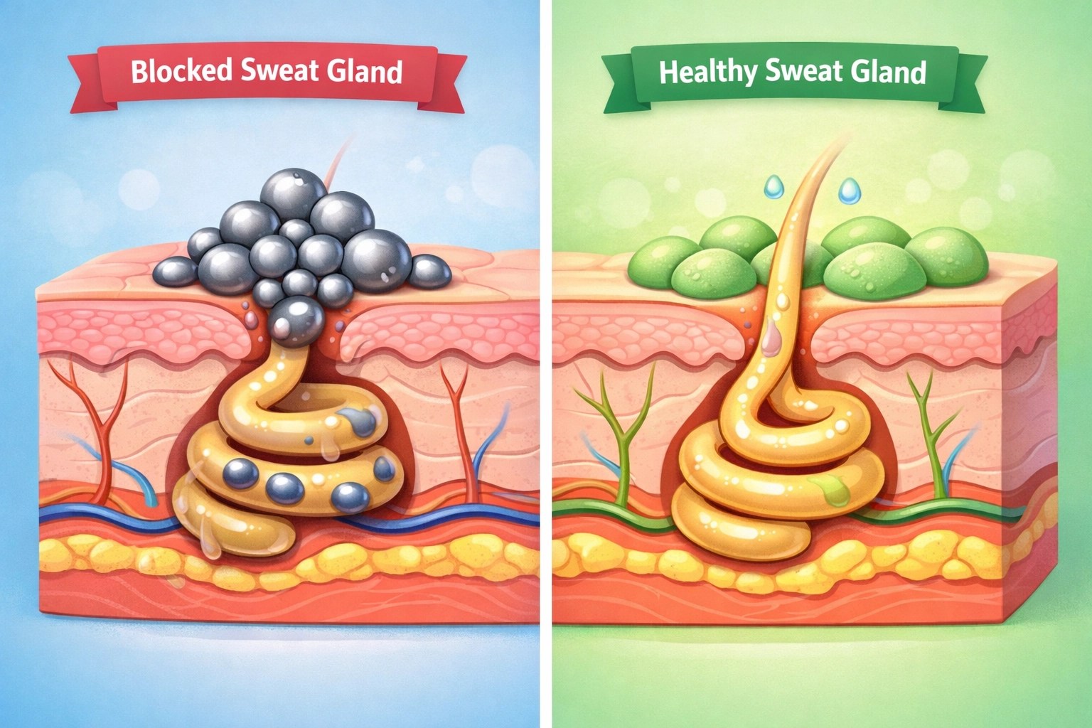 Comparison of antiperspirant blocking sweat gland versus natural deodorant allowing healthy sweating