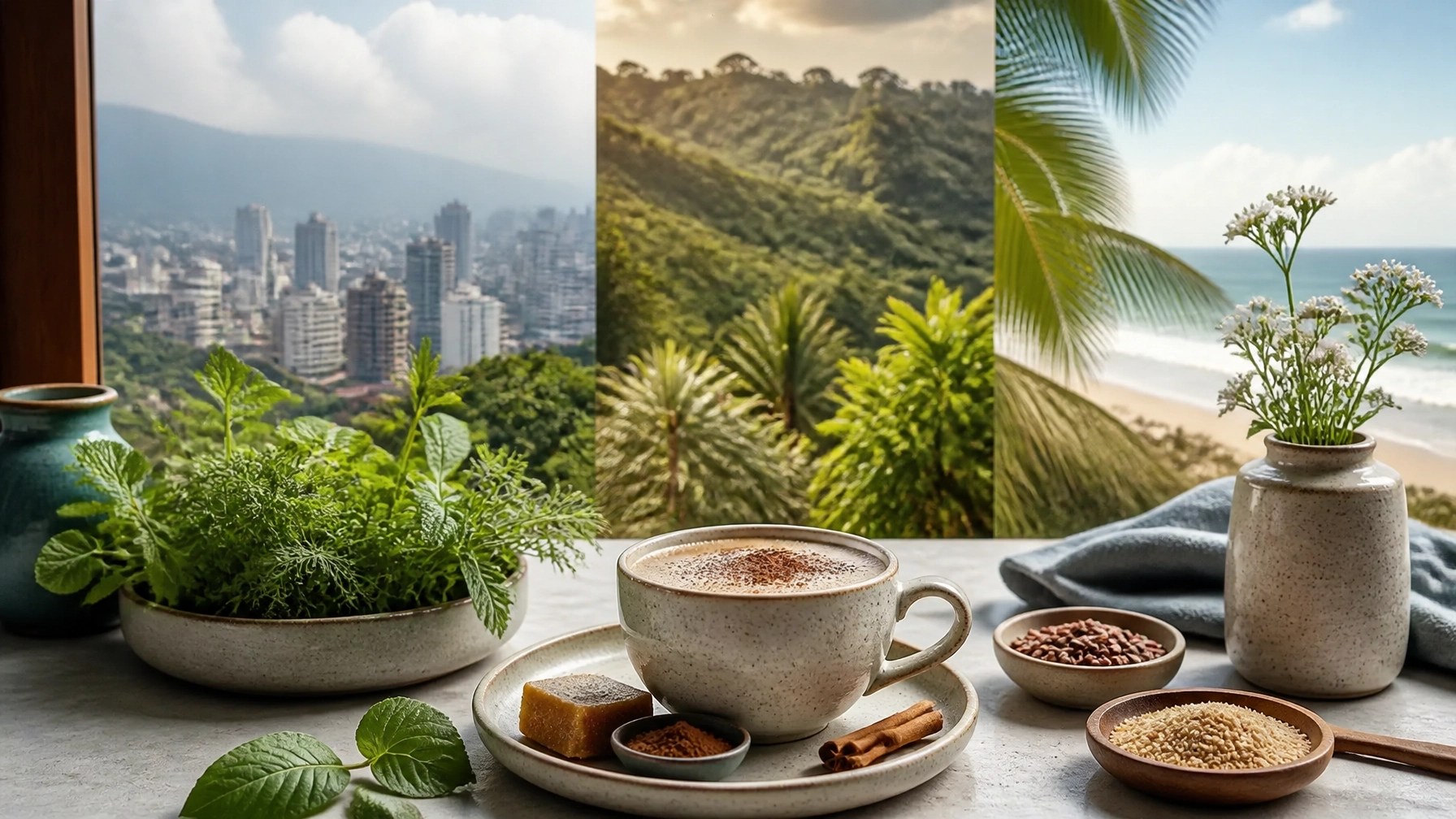 Ritual colombiano de café suave con leche vegetal, canela, panela, cacao y plantas aromáticas en distintos ambientes regionales