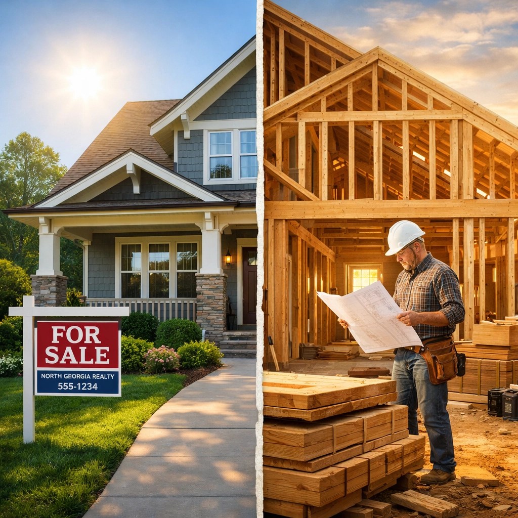 A North Georgia home showing the finished exterior and raw construction framing to illustrate replacement cost.