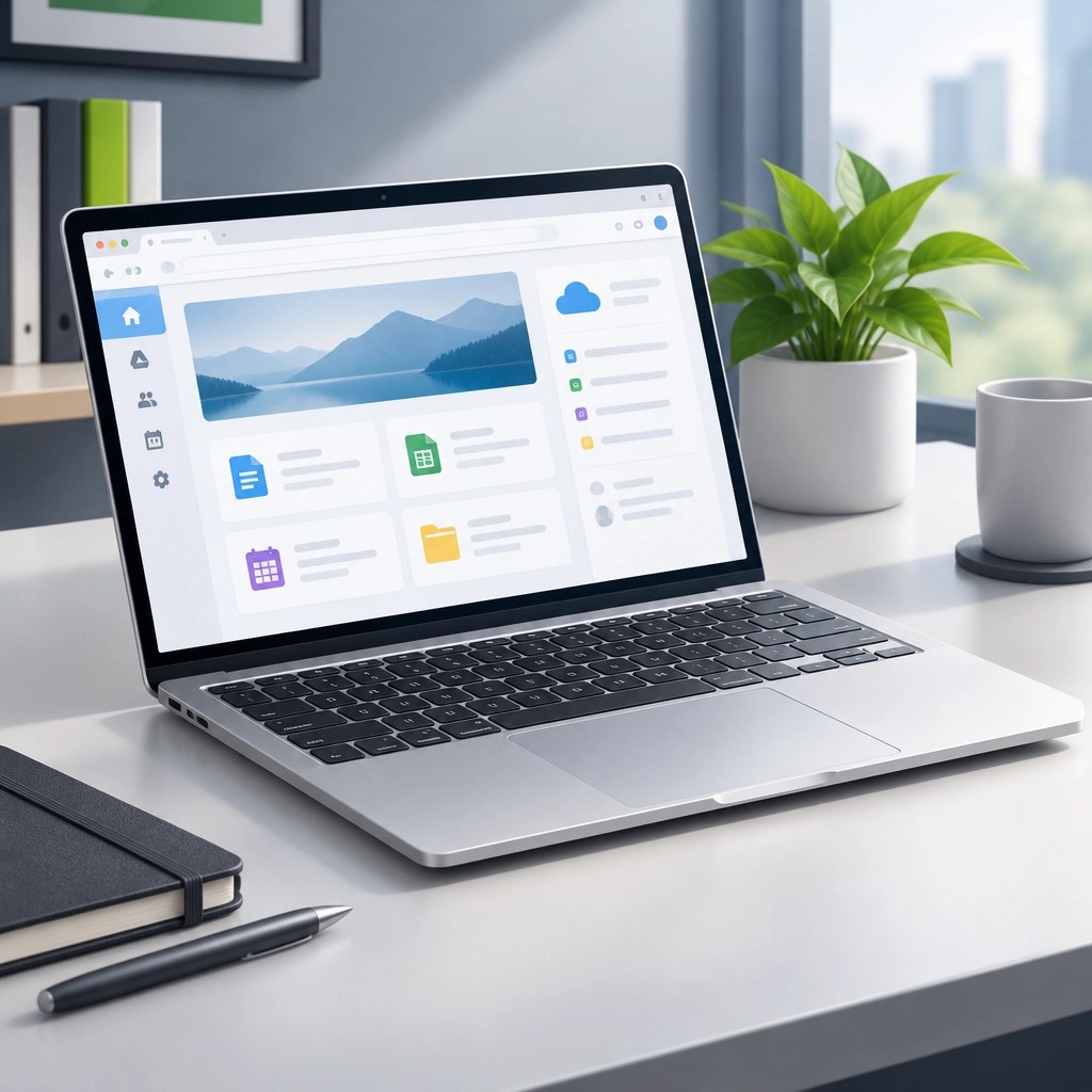 A slim silver touchscreen laptop on a tidy desk with an abstract cloud productivity workspace
