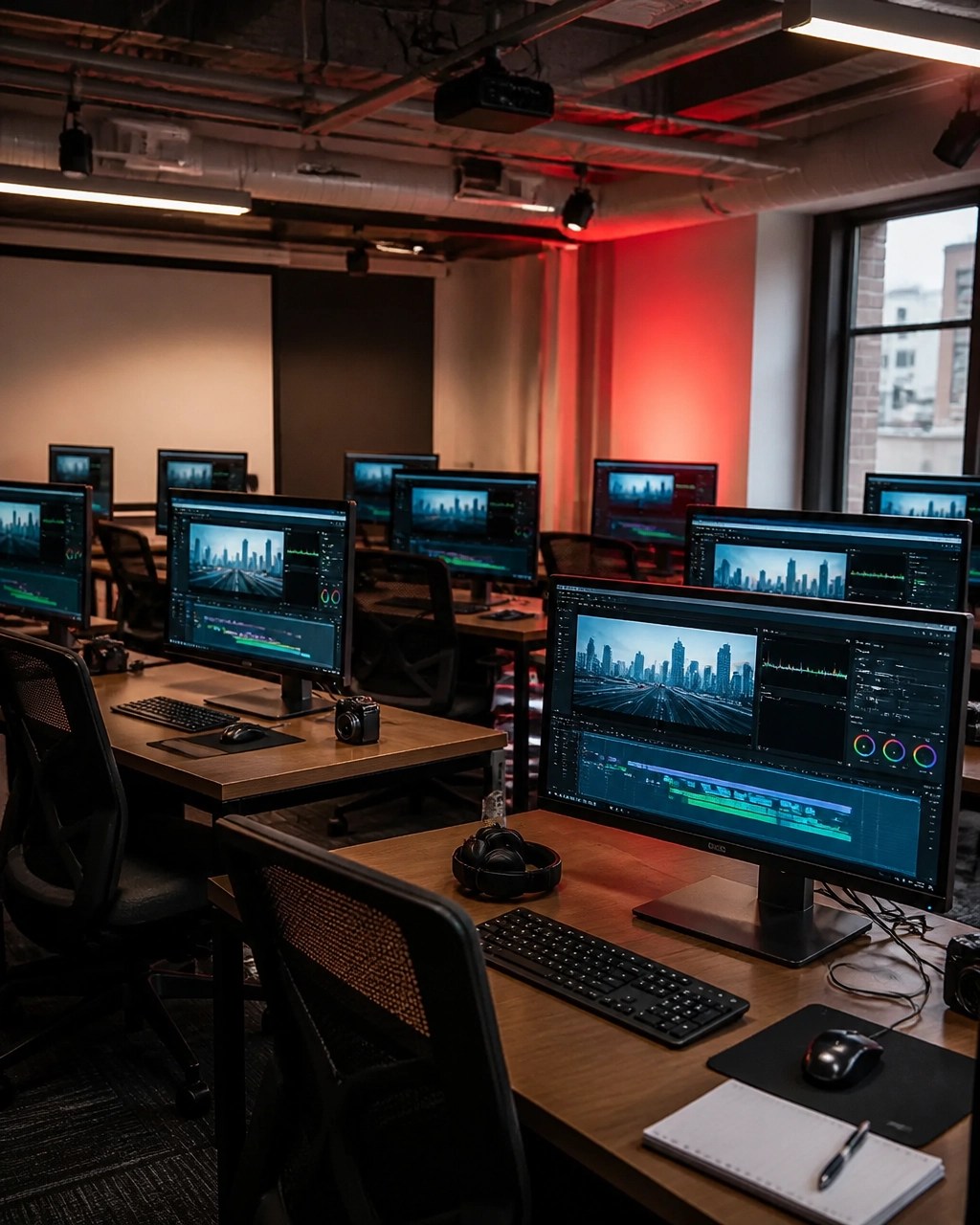 Modern digital media classroom with video-editing workstations and production equipment