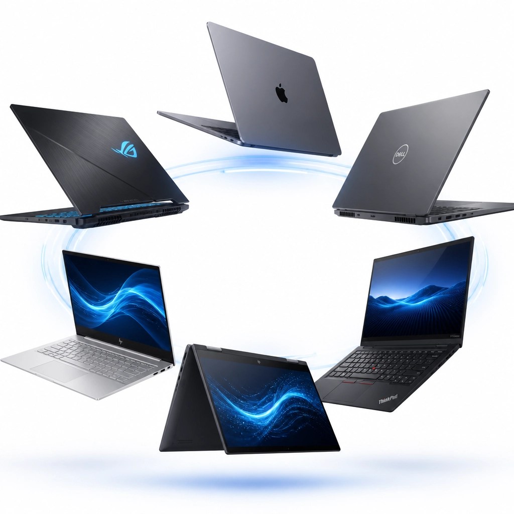 3D illustration of several different laptop models floating in a circle