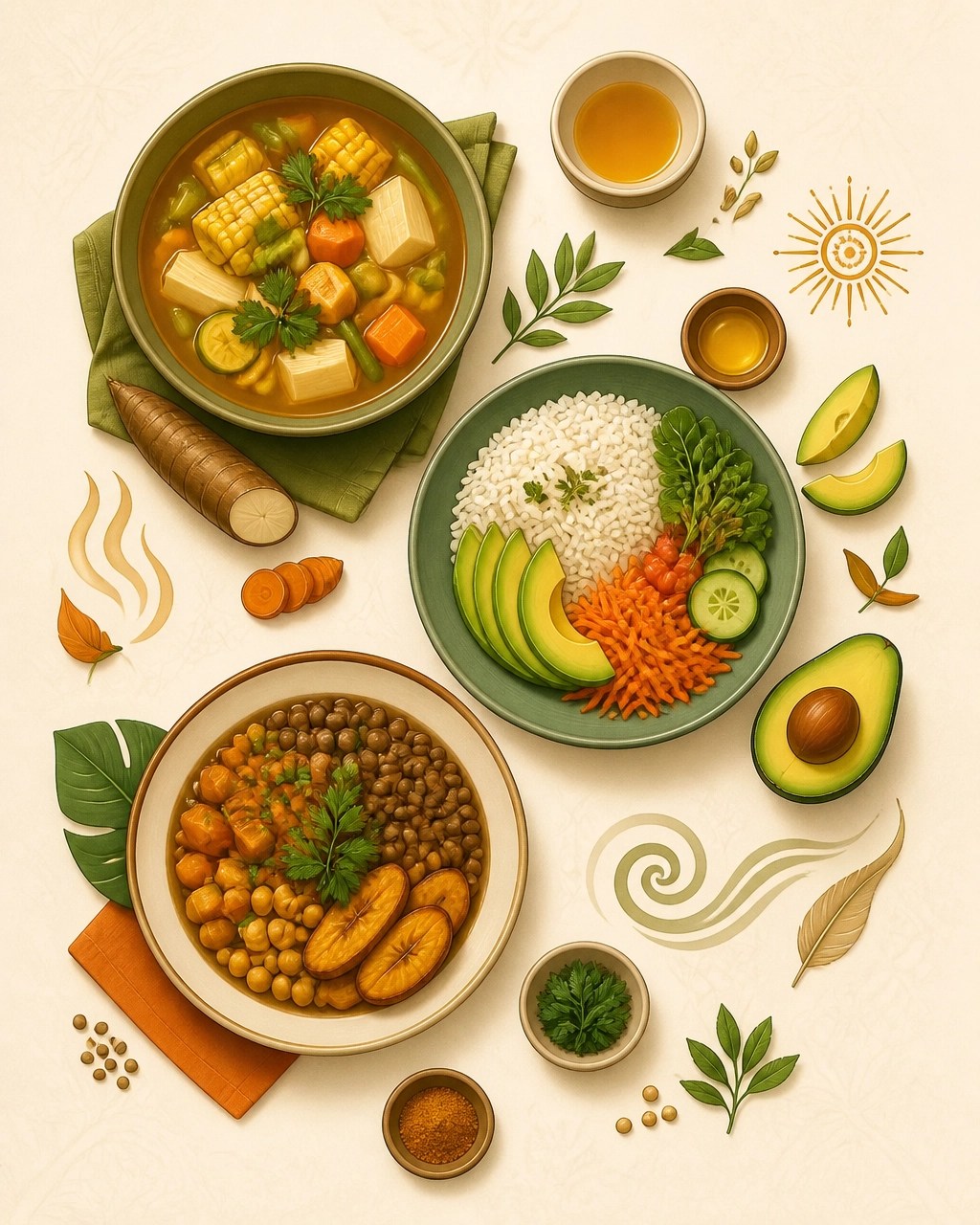 Ilustración de preparaciones colombianas cotidianas inspiradas en principios ayurvédicos