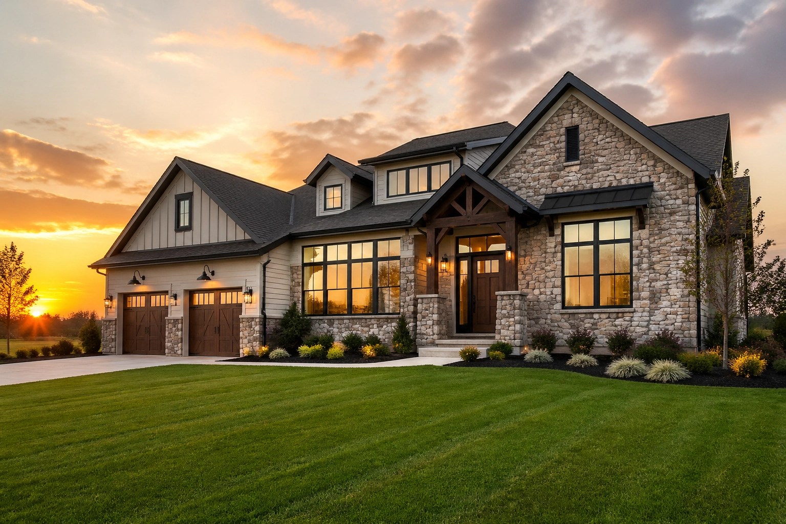 Modern Greene County Ohio home at sunset showcasing rising real estate market trends and property values.