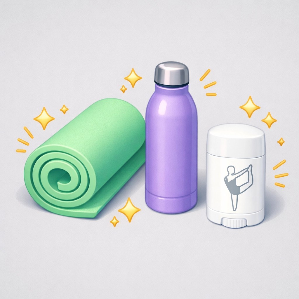 Flat-lay illustration of Pilates essentials including a yoga mat, water bottle, and natural deodorant for women.