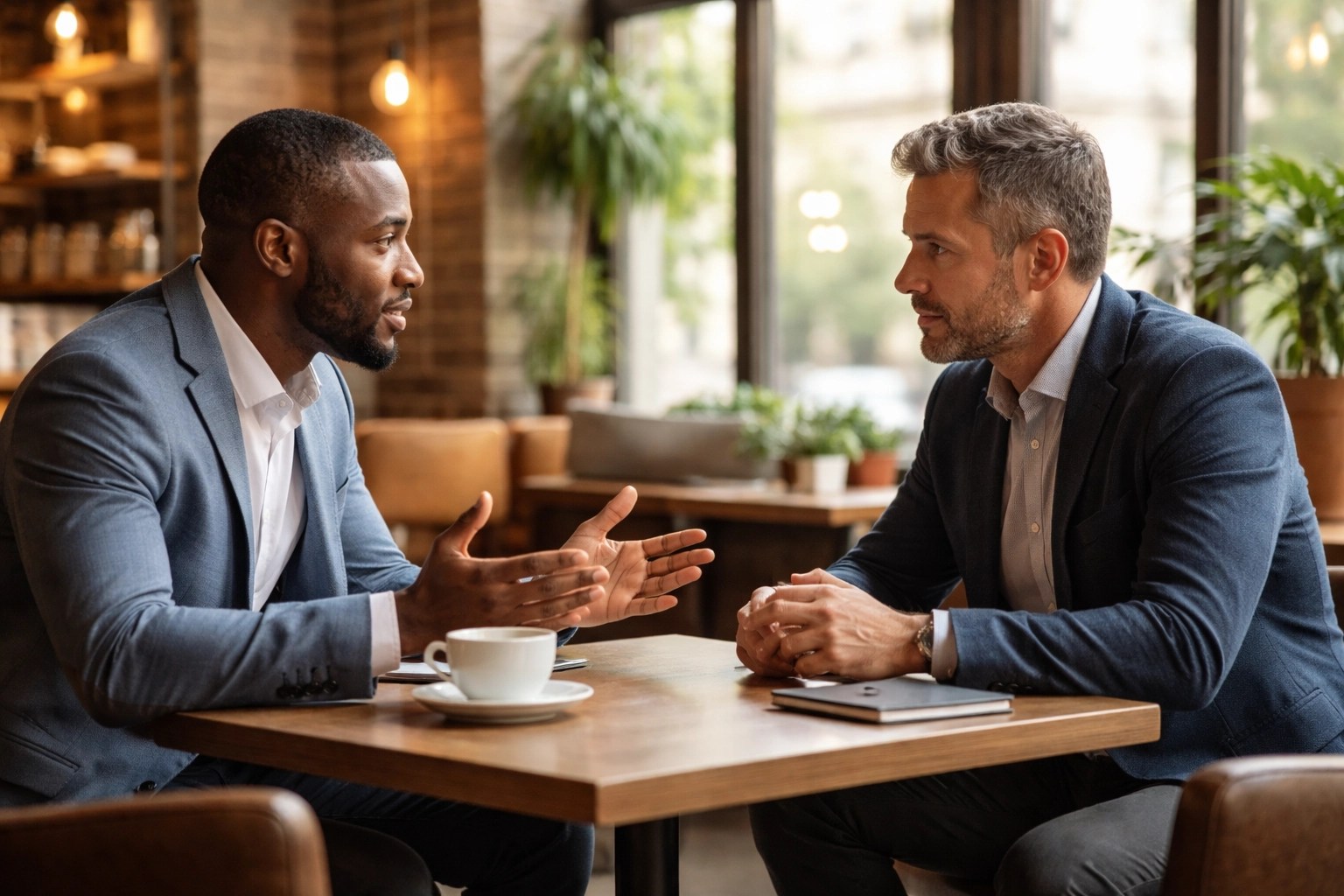 Two professionals having an honest discussion in a coffee shop, representing respectful client transitions