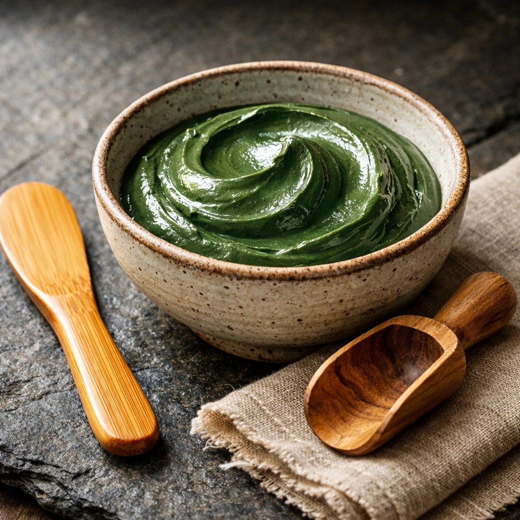Smooth green clay paste in a ceramic bowl with wooden tools for natural sports recovery.