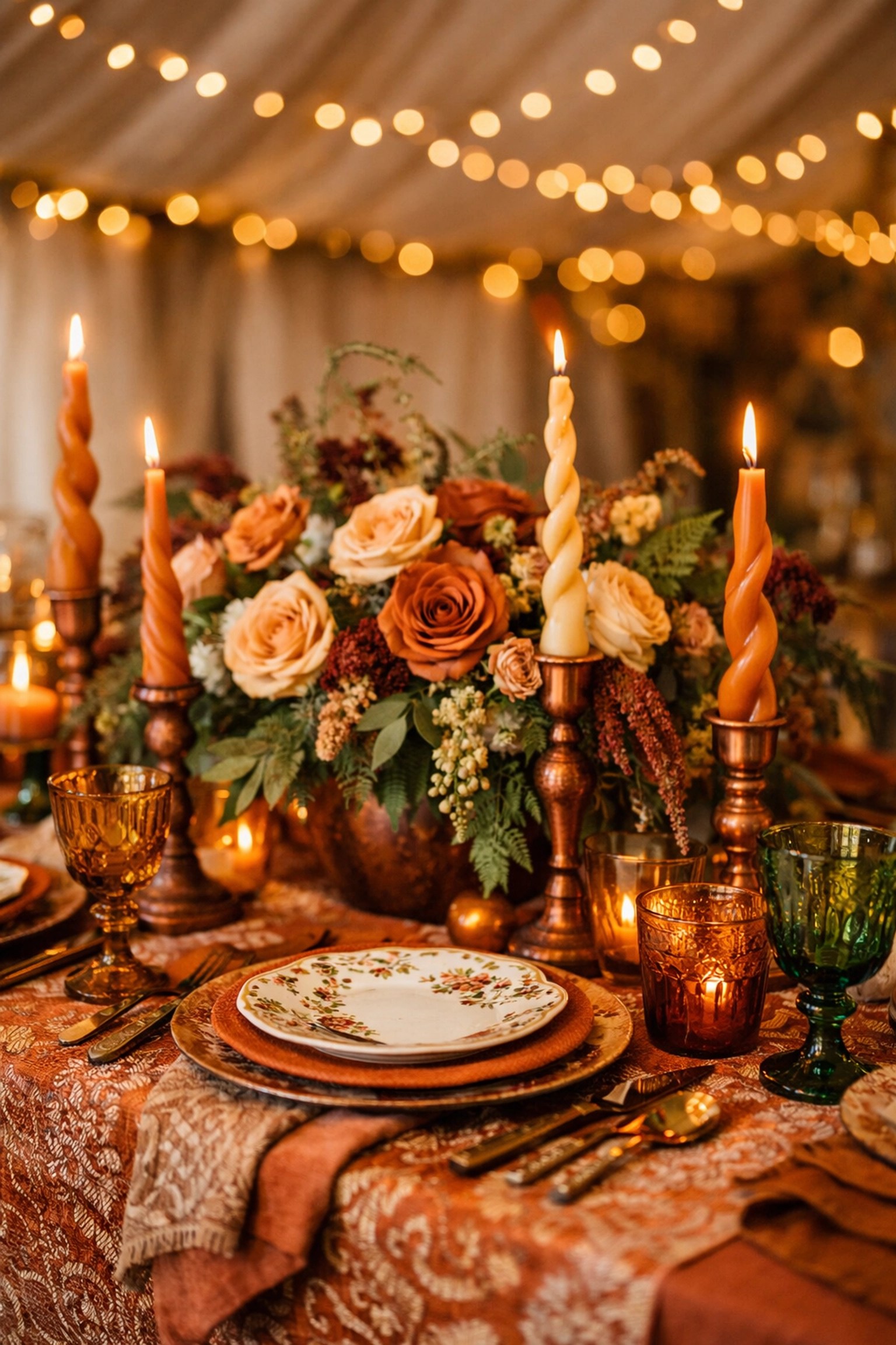 Beautifully styled maximalist tablescape with earthy tones inside a Kent marquee wedding