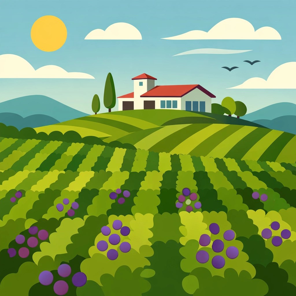 Illustration of rolling hills and vineyards in Loudoun County, a top destination for Virginia wine tours.