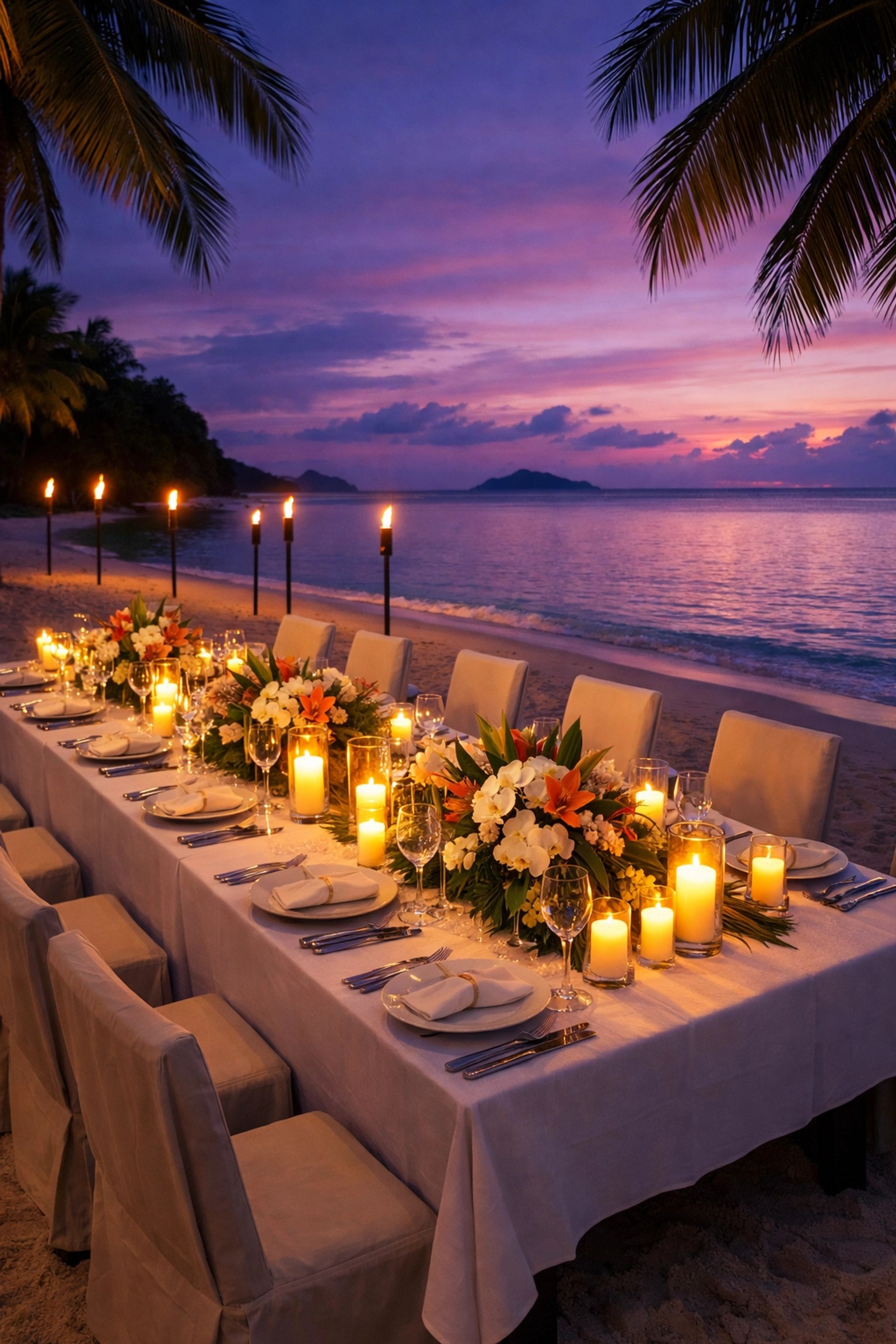 Elegant beachfront dinner setup on private island at sunset with luxury table settings