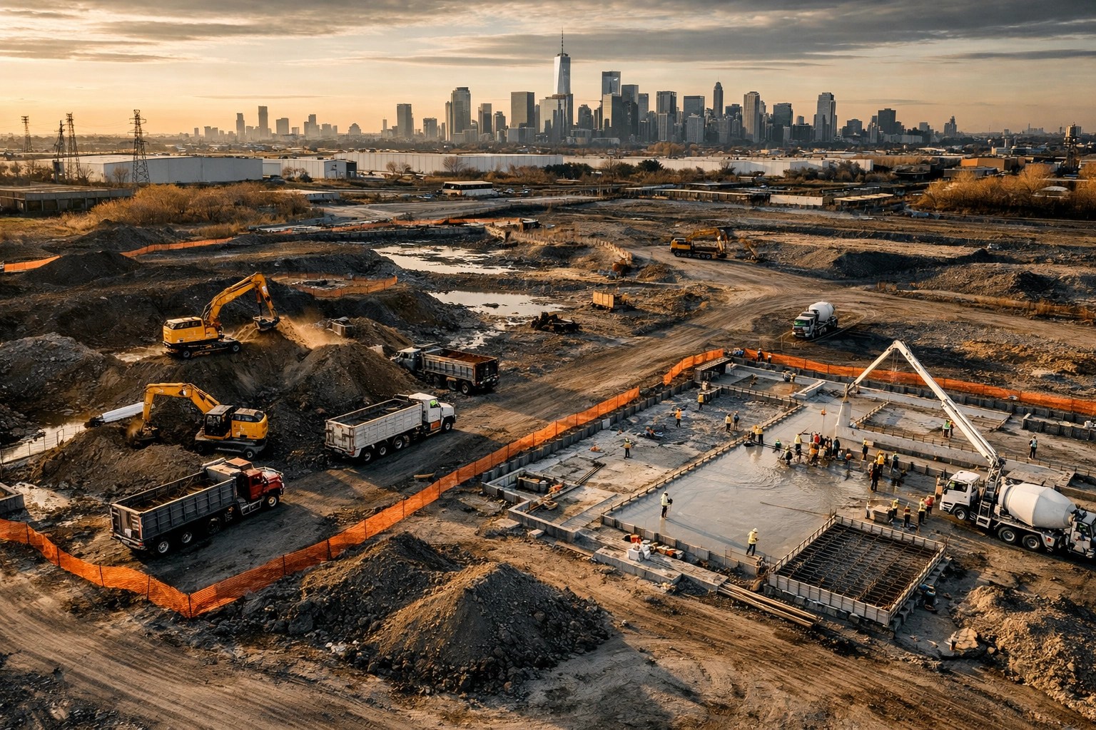 NJ brownfield remediation site showing simultaneous soil excavation and foundation construction