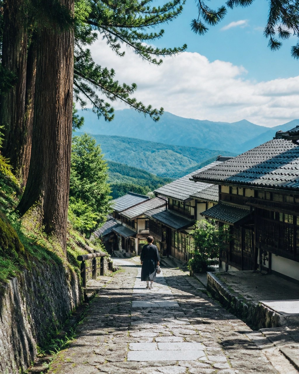 Bright daytime view of the Kiso Valley and a preserved traditional post town