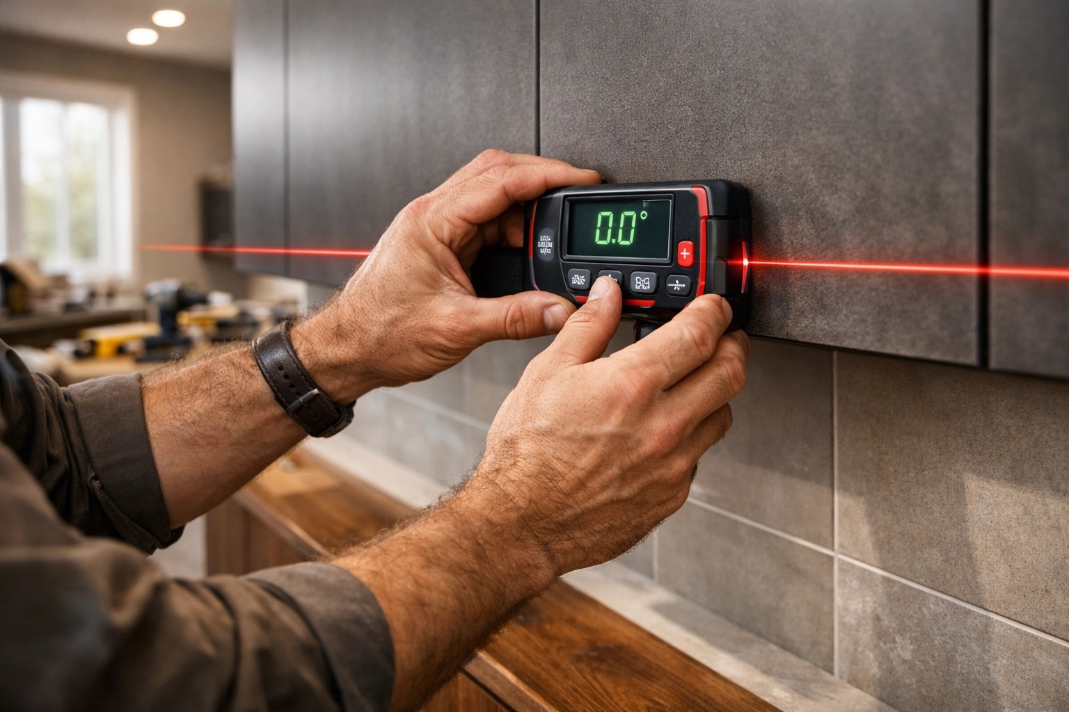 Entrepreneur général à Trois-Rivières utilisant un laser pour l'installation d'armoires de cuisine.