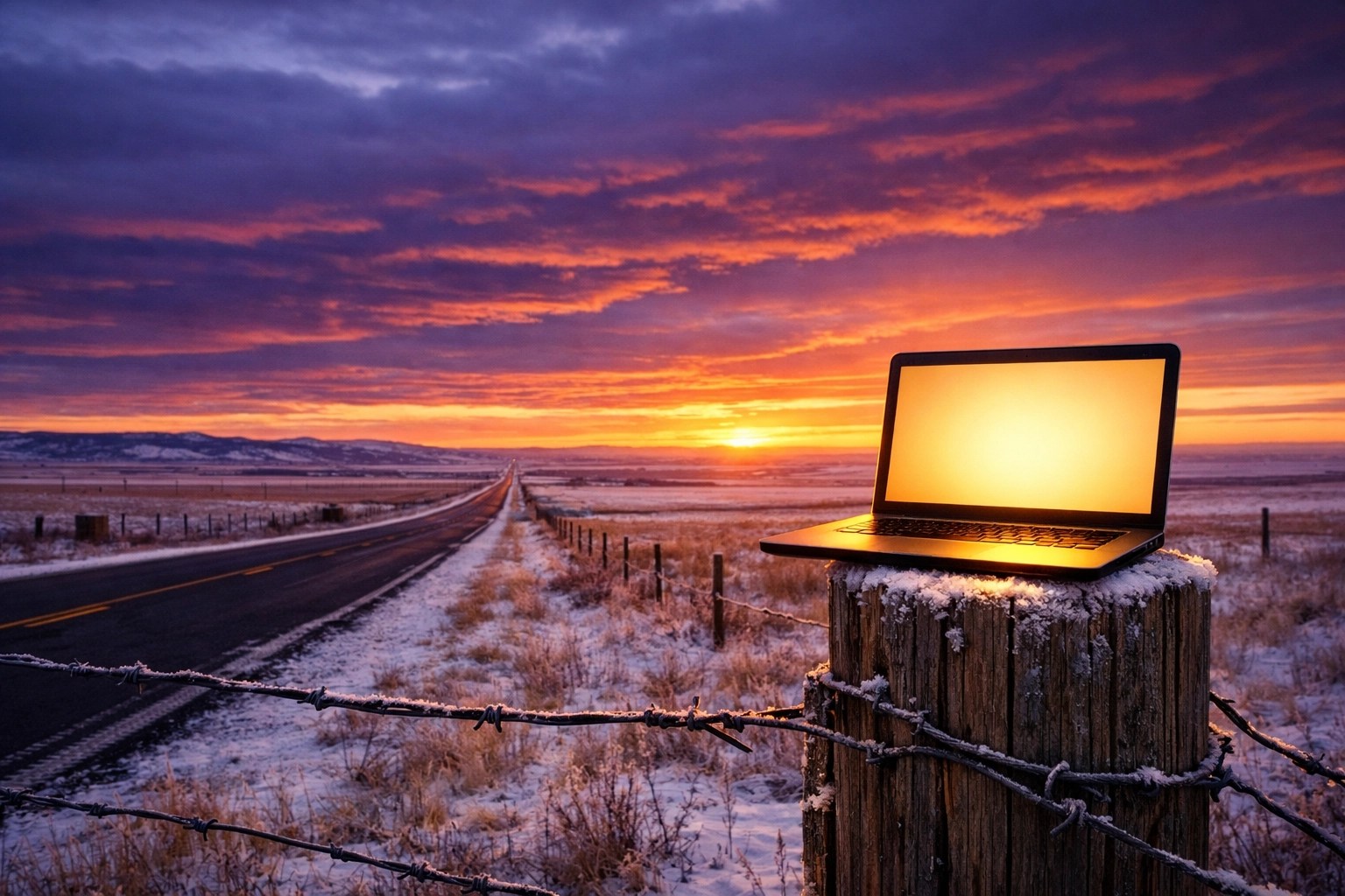 Reliable Milk River computer support shown by a laptop on a rural fence post along a scenic Alberta highway.