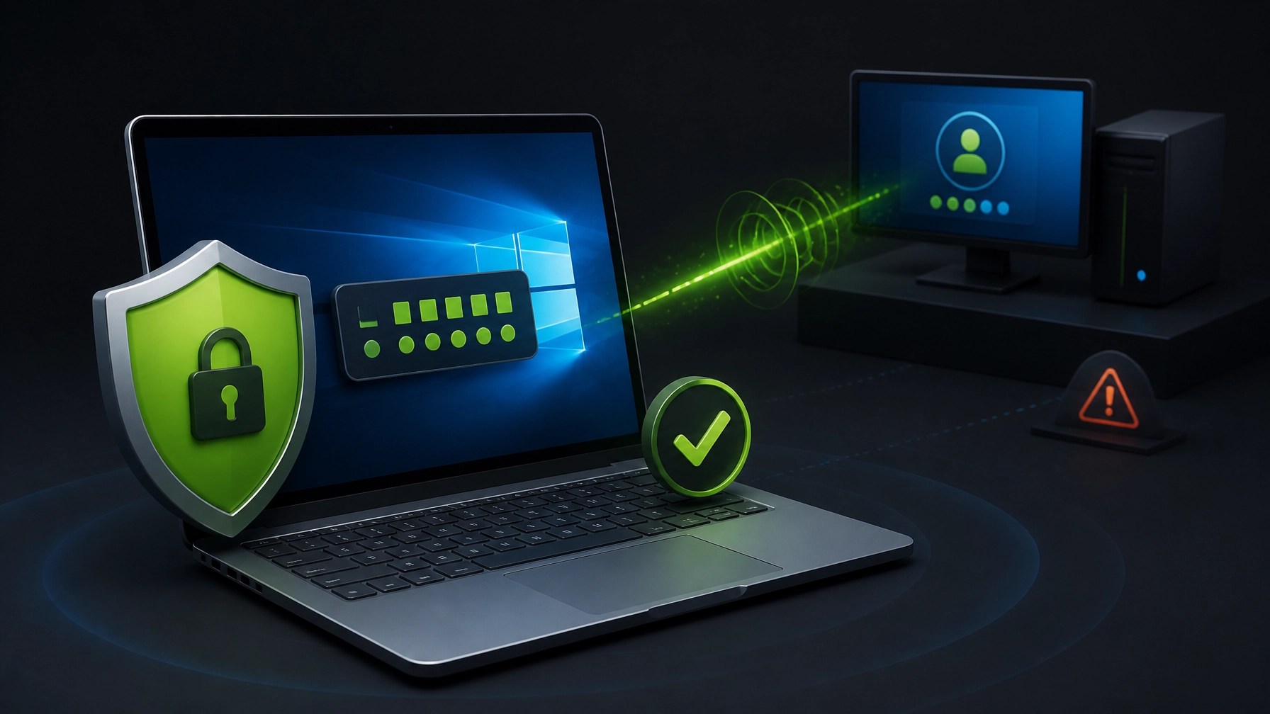 3D illustration of a laptop using secure remote assistance with a shield, connection beam, and verification symbols