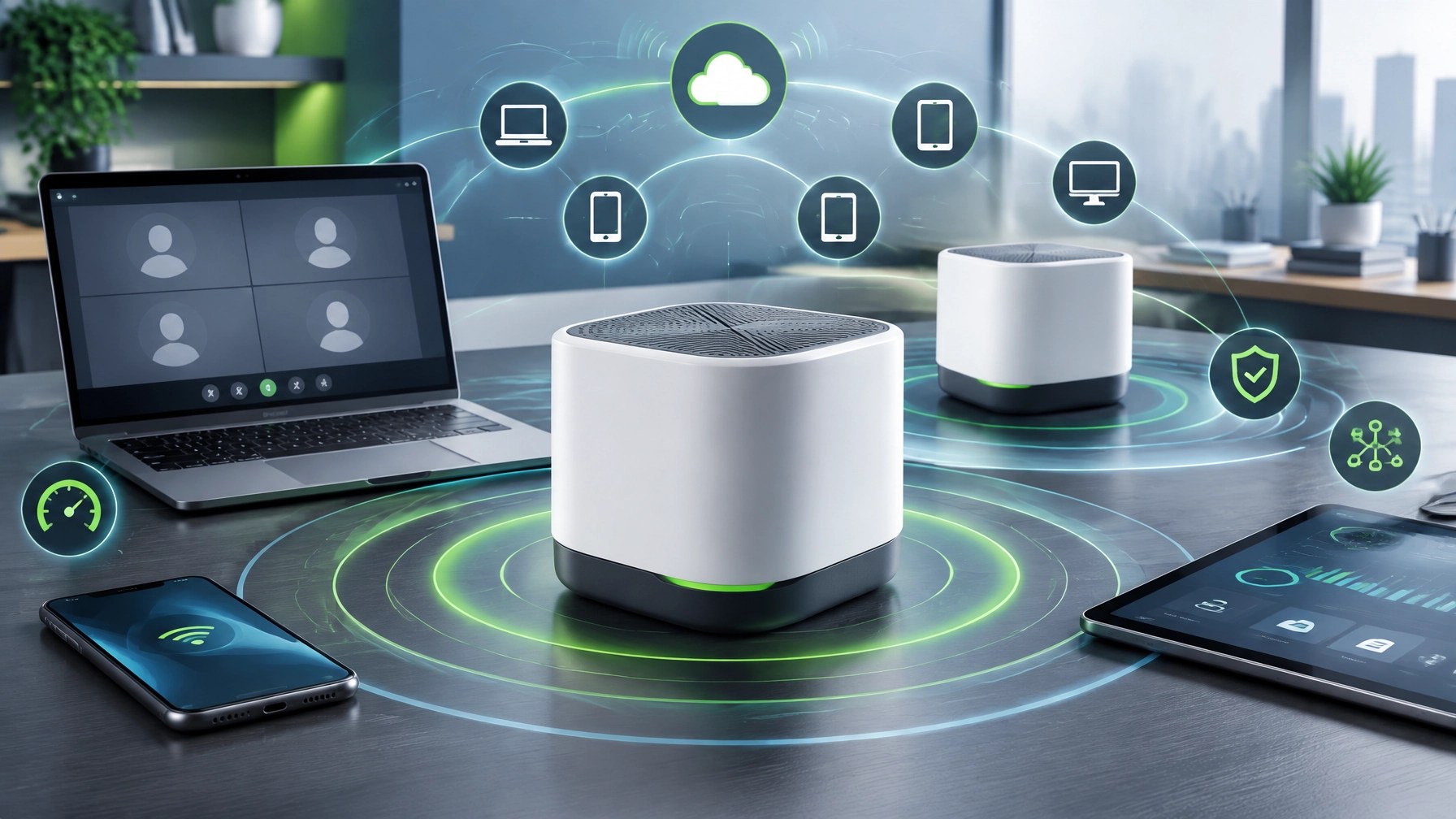 Wi-Fi 7 mesh router system supporting low-latency connectivity across a multi-device home office
