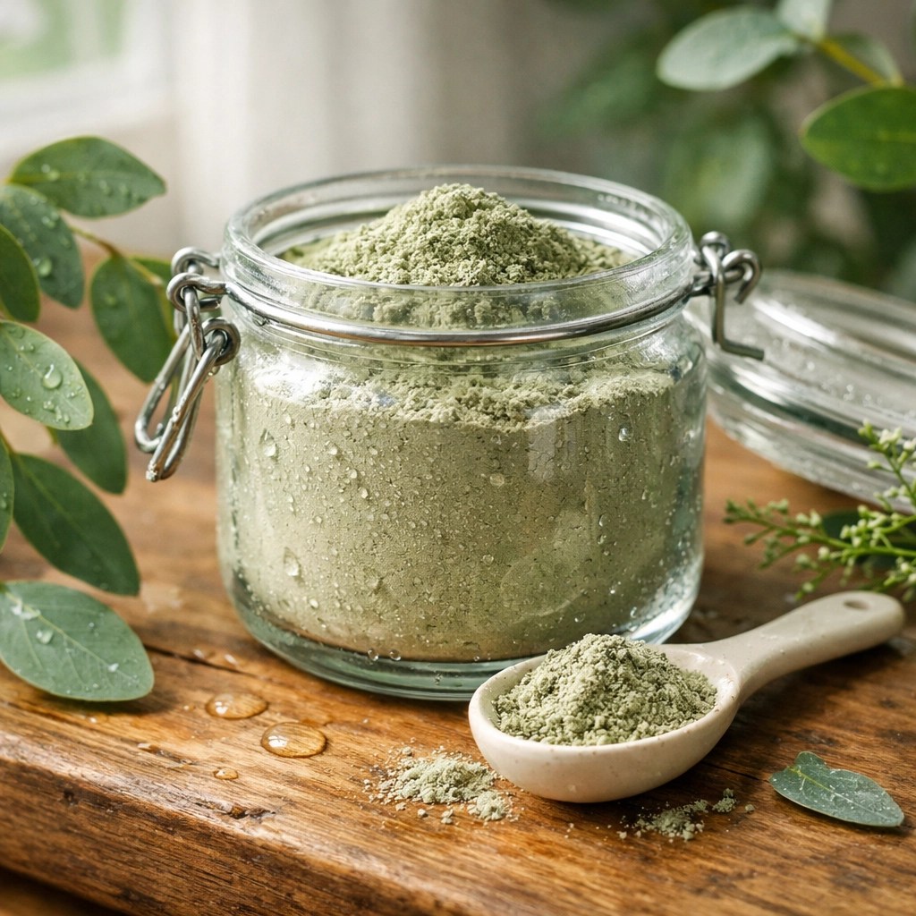 Pure French green clay powder in jar showing premium quality and natural ingredients