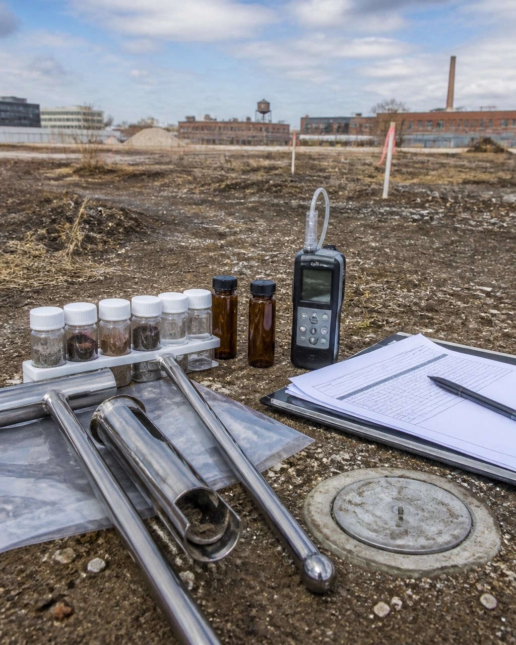 Environmental due diligence tools including soil sampling equipment, laboratory vials, and a groundwater monitoring well