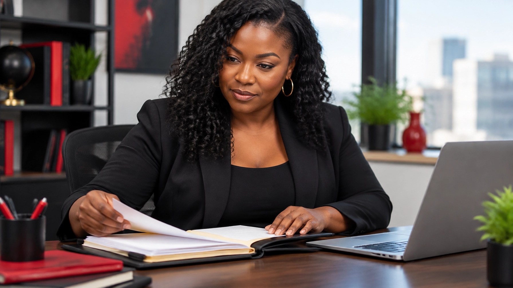 Black entrepreneur organizing government contracting documents at her desk