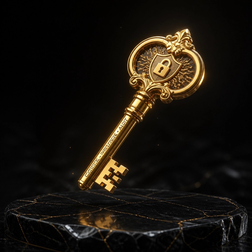A sophisticated 'Golden Key' representing cryptographic control and auditable provenance.