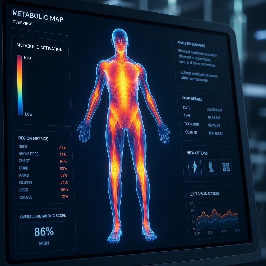 Close-up of a high-tech laboratory digital screen showing a metabolic heat map of a body