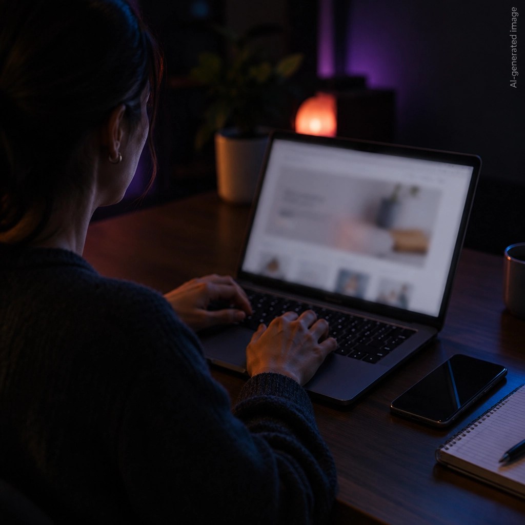 A small business owner reviews notes beside a laptop at a home office. AI-generated image.