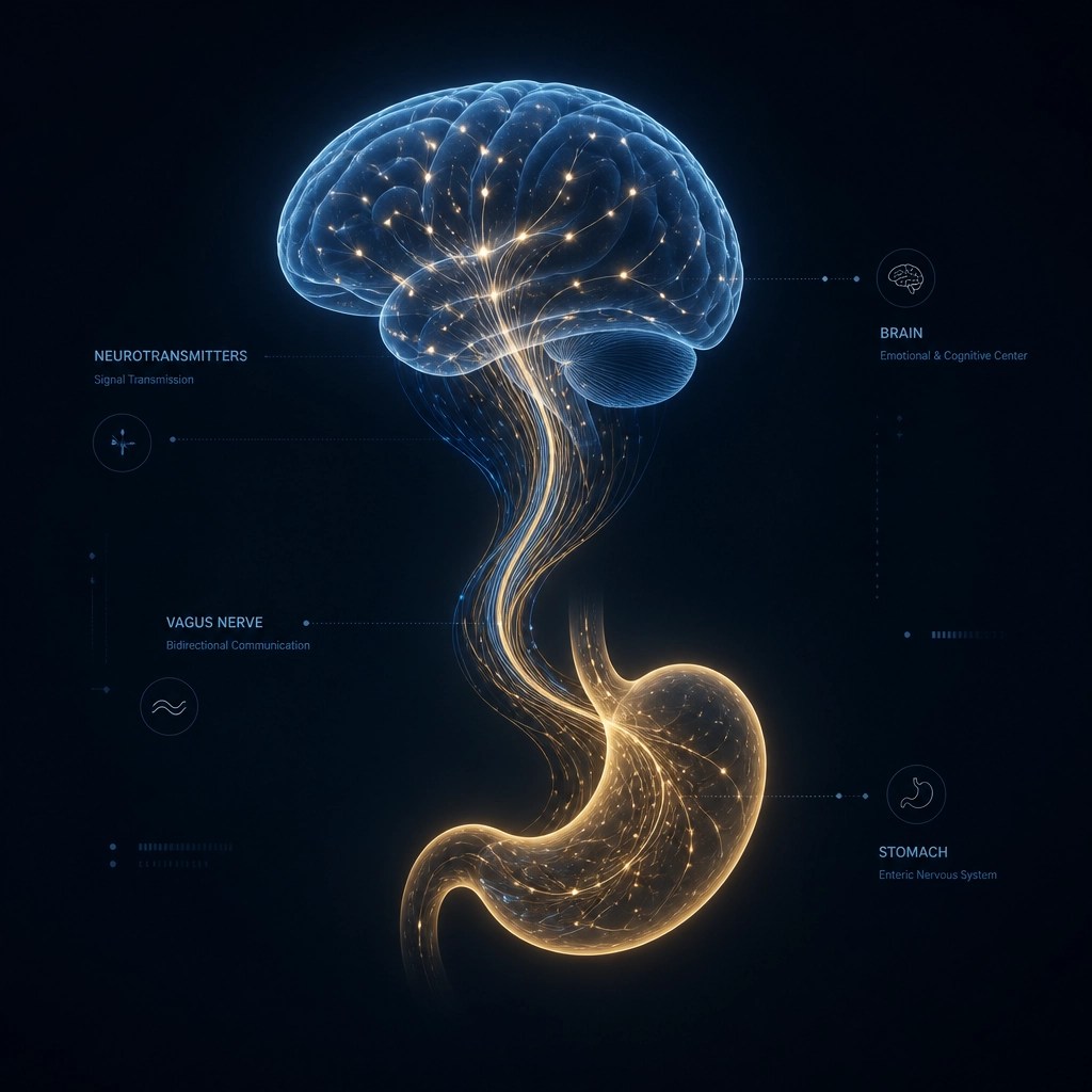 Abstract digital art illustration of glowing neural pathways connecting a brain and stomach