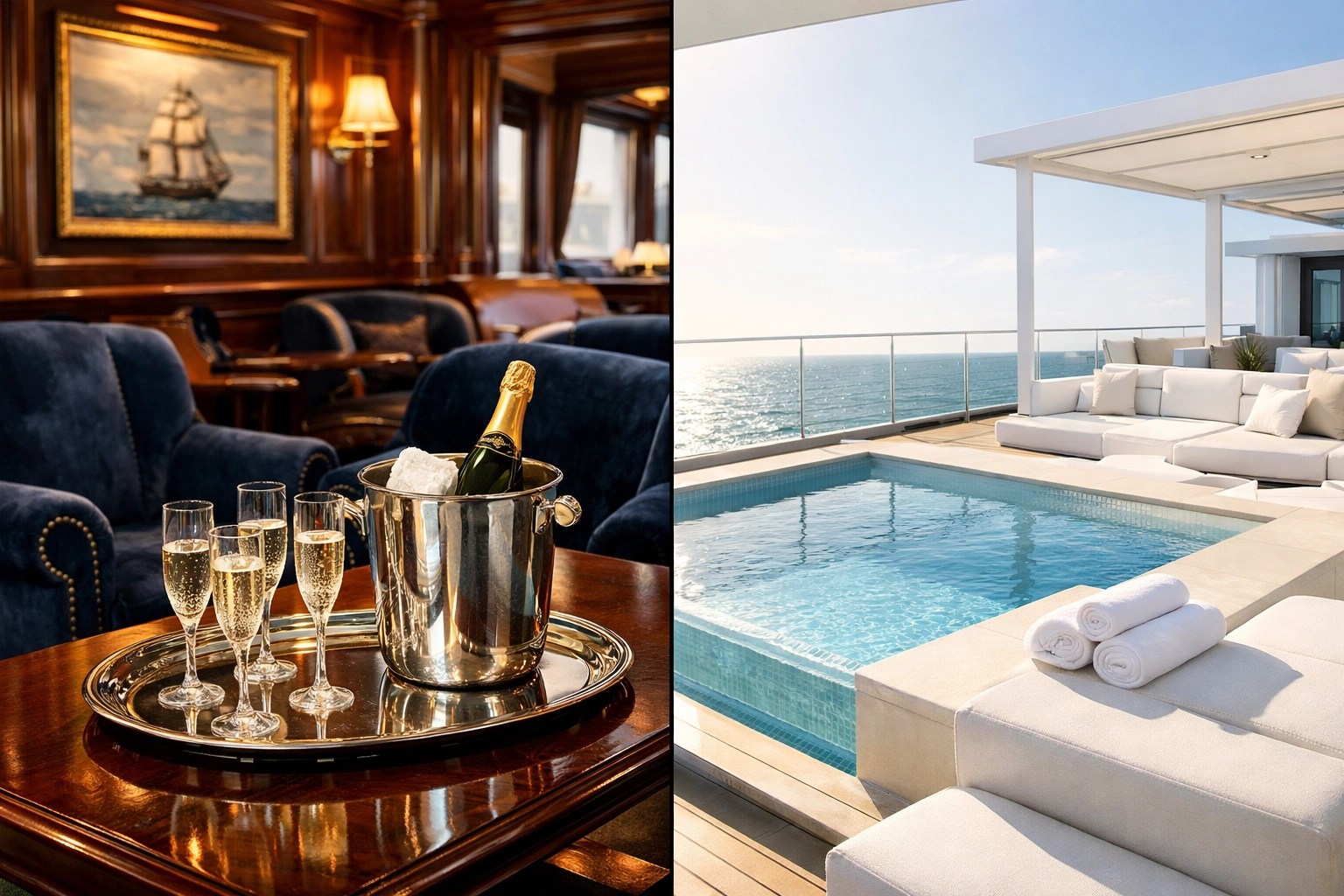 Comparing Crystal Cruises classic luxury and Explora Journeys modern lifestyle ship design.
