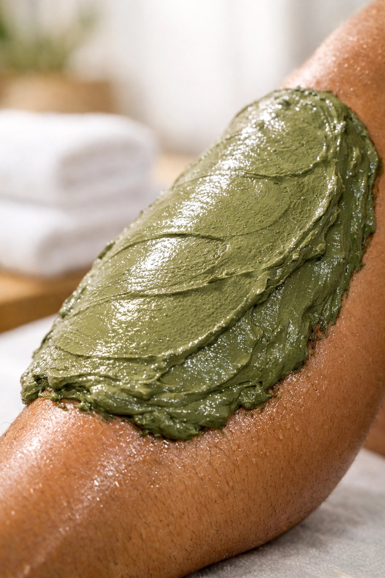 Healing green clay poultice applied to a muscular leg for professional sports recovery and inflammation relief.