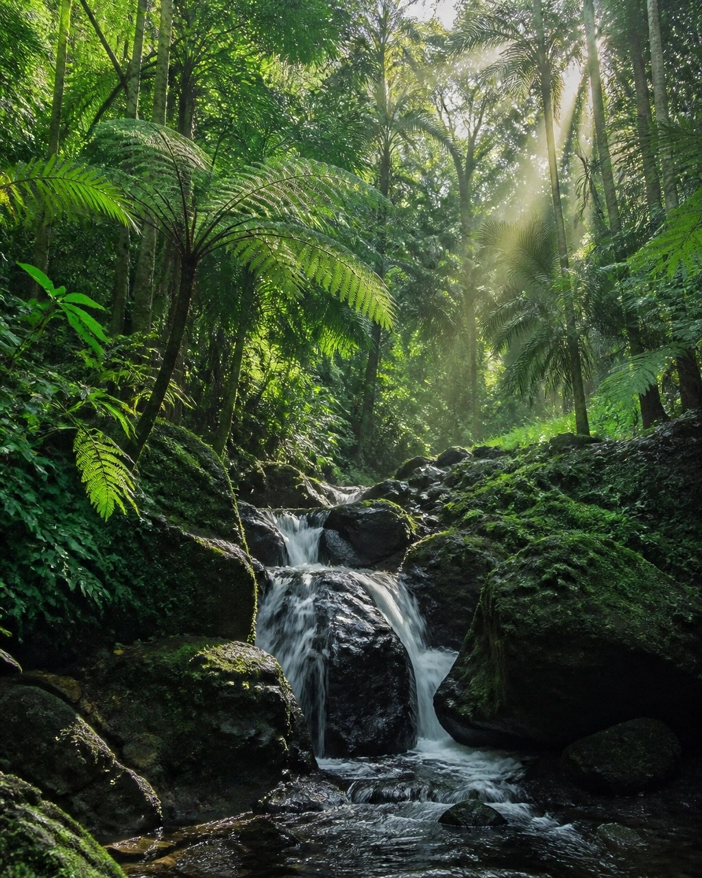 Lush El Yunque National Forest with a tropical waterfall, emerald foliage, ferns, and sunbeams filtering through the canopy