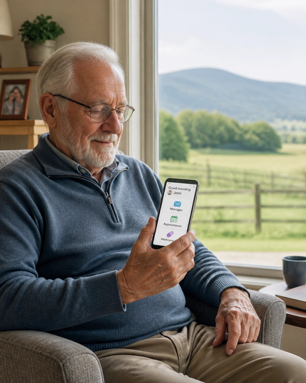 A senior patient in a rural home looking at a smartphone app for booking transportation