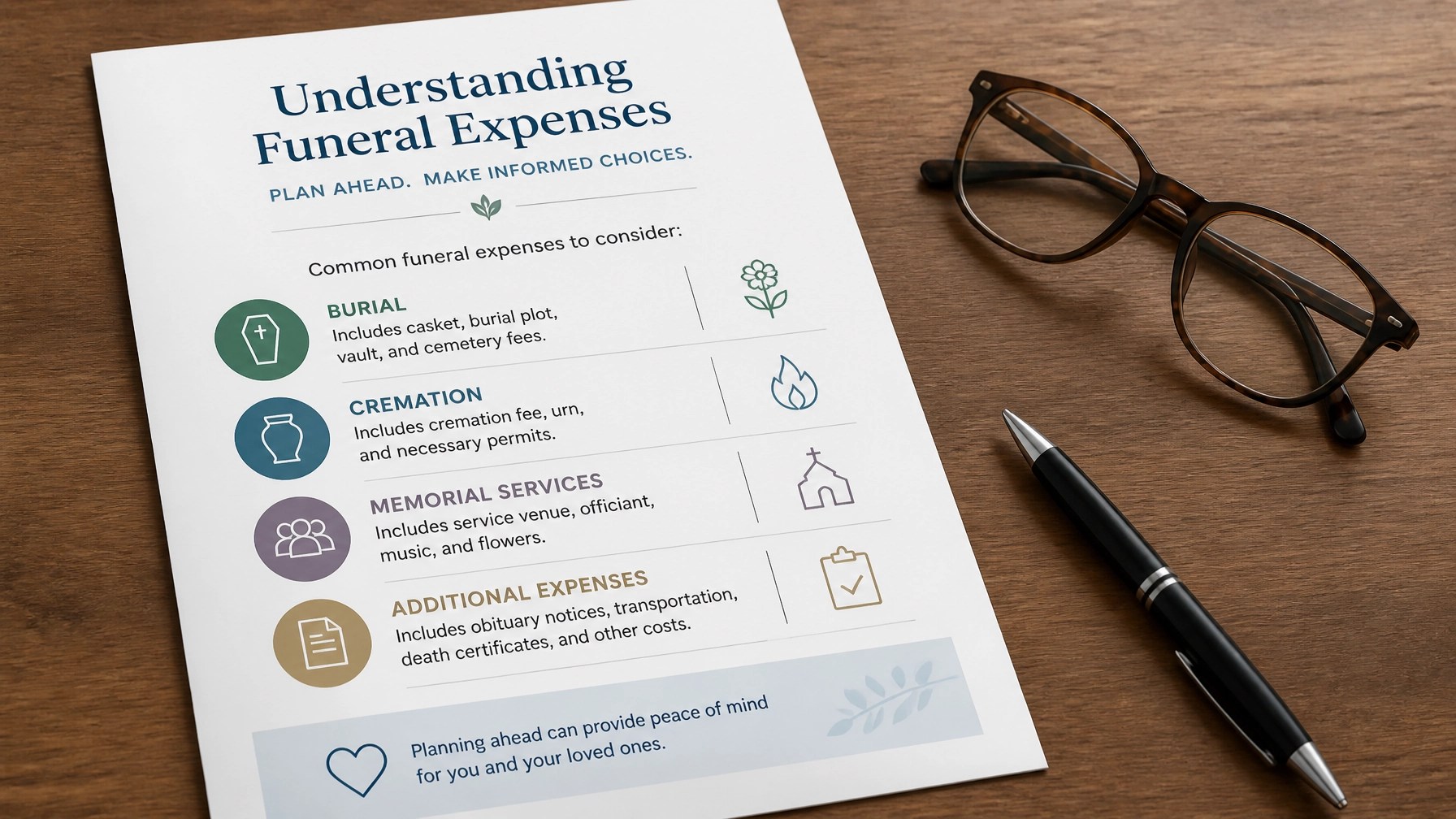 A planning document for funeral expenses on a desk with a pen and glasses.