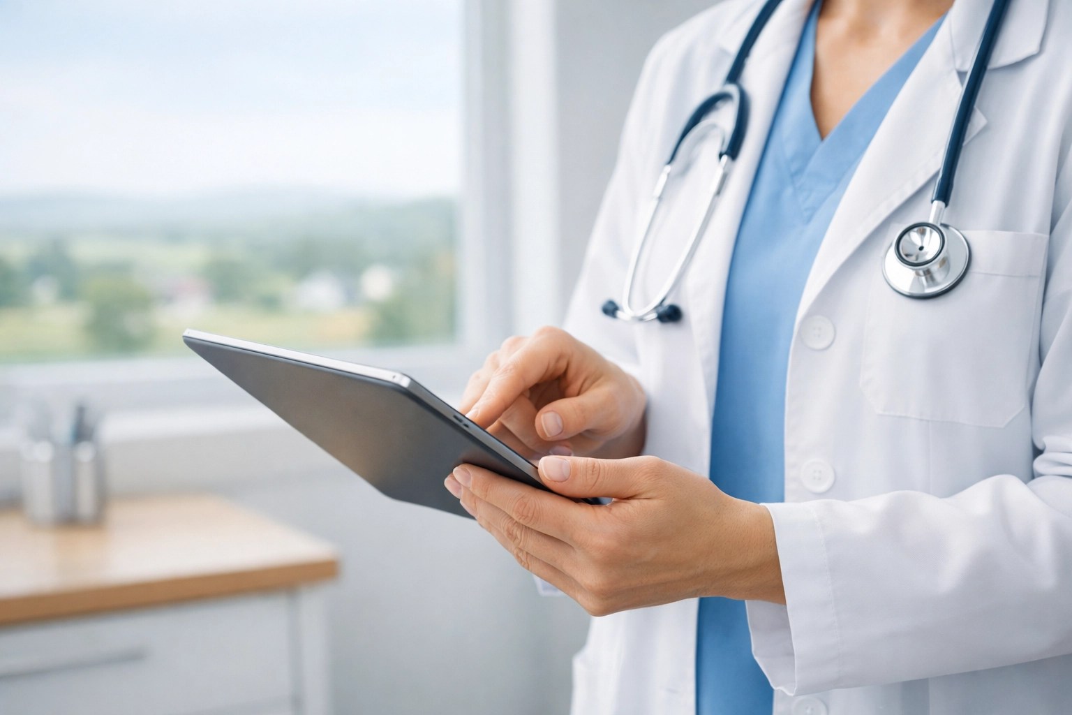 Rural healthcare provider using a tablet to improve patient communication and literacy.