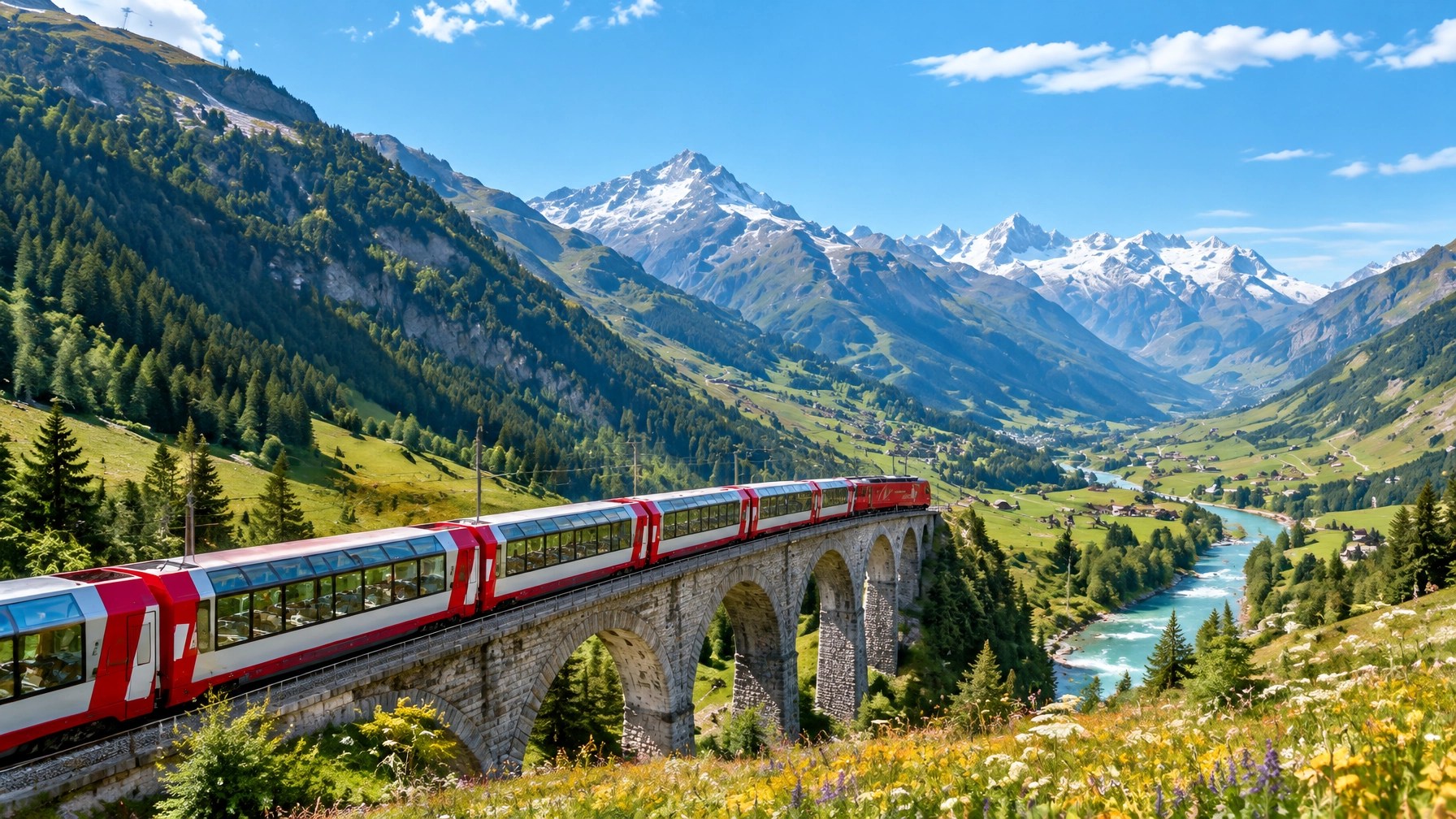 Panoramic Swiss scenic train crossing a viaduct above a green Alpine valley