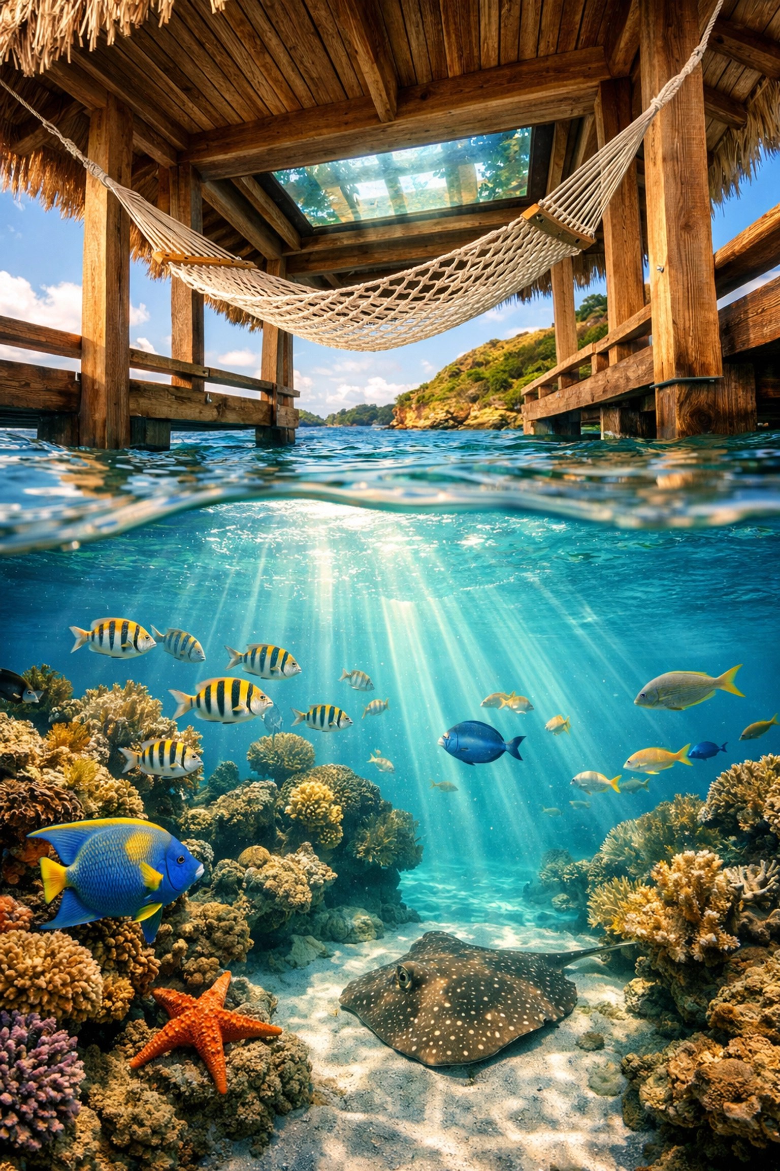 Underwater view through glass floor of Caribbean overwater bungalow with tropical fish