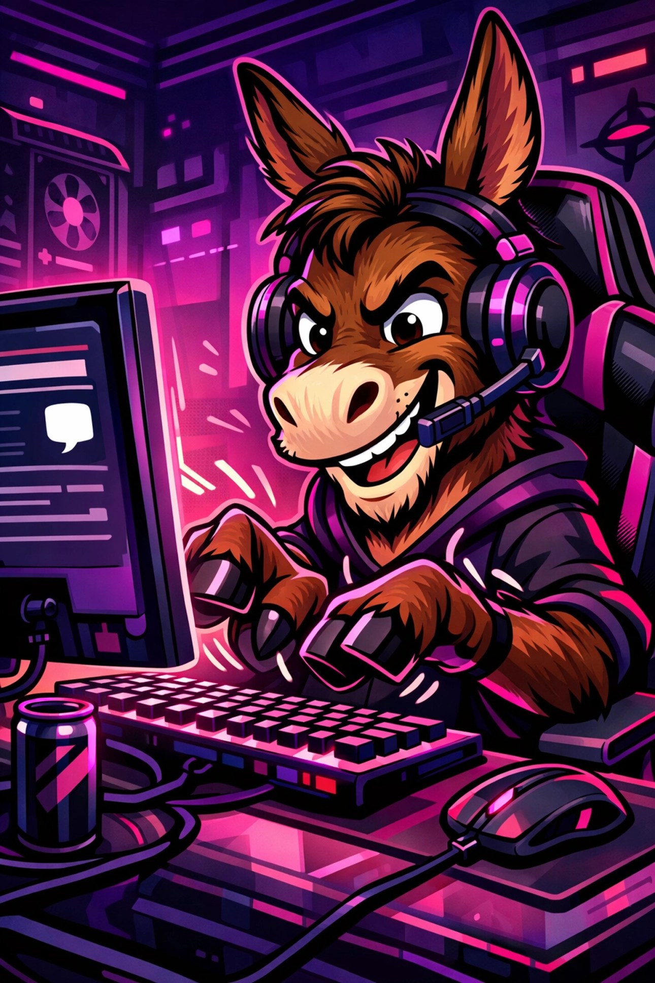 Donnie Donk sitting at a computer desk typing snarky tweets for the Wise Ass Prints brand.